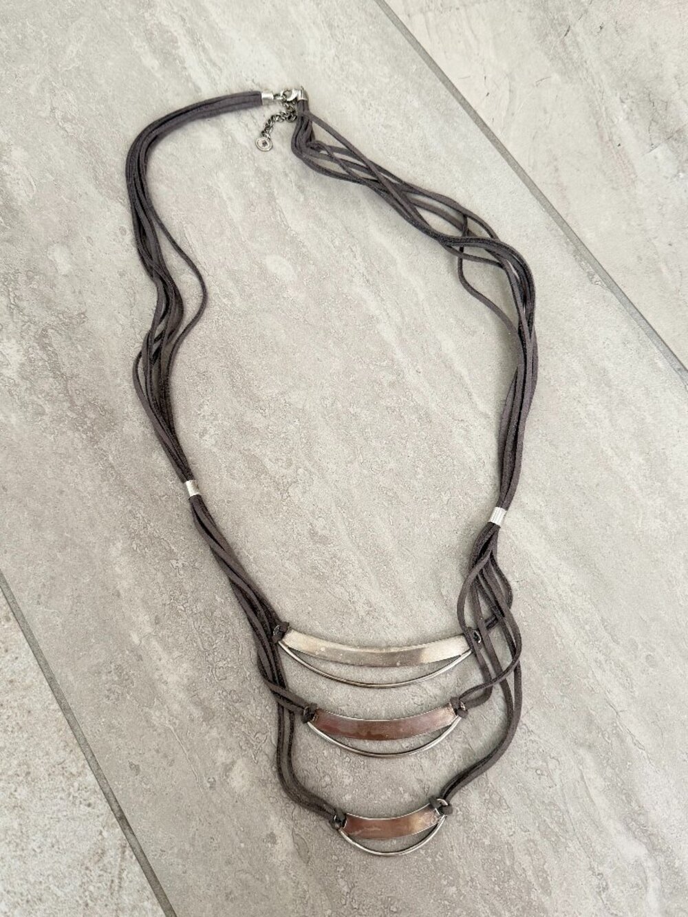 Silpada gray leather strand Sterling Silver bar Long multi strand Necklace